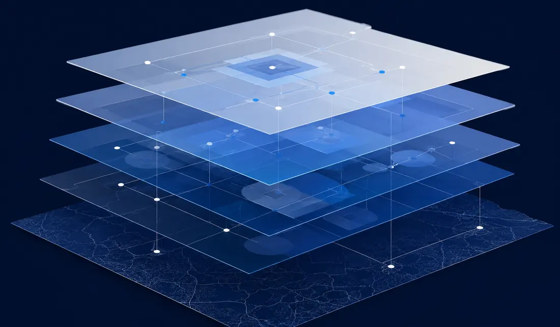 Layered abstract visualisation of policy, spatial and institutional frameworks stacked as translucent planes