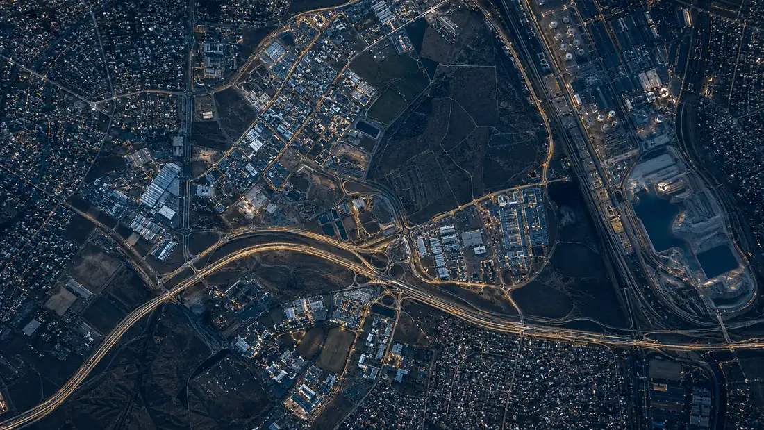 Aerial view of settlement, road corridors and undeveloped land typical of a South African local municipality