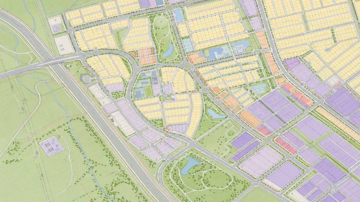 Colour-coded land use scheme map showing residential, commercial, industrial and open space zoning