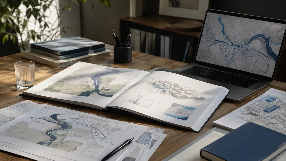 Open spatial planning report, printed maps and a laptop displaying a city network map on a studio desk